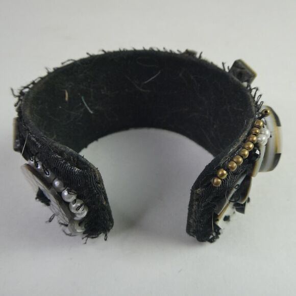 Chunky Funky Cuff Bangle Bracelet Mother of Pearl Shell Button Fabric DIY Artist - Picture 6 of 9